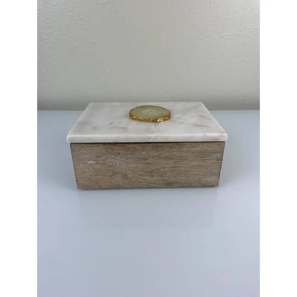 Portofino Home Marble Top Wooden Trinket Jewelry Box Made in India Decor White